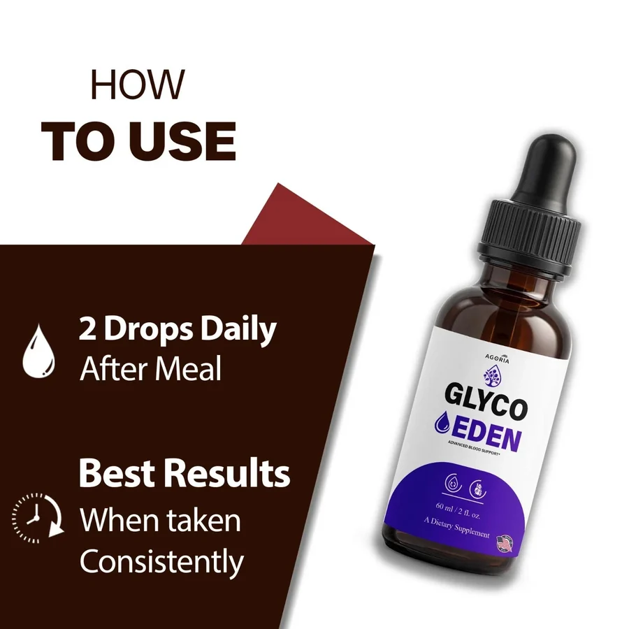 The seller's how-to-use panel for GlycoEden, which reads two drops daily after meal